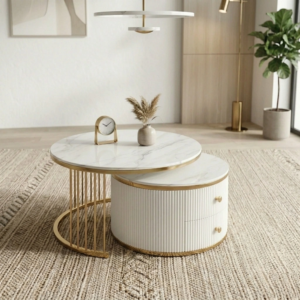 Fluted White Drawer Marble Centre Table Set