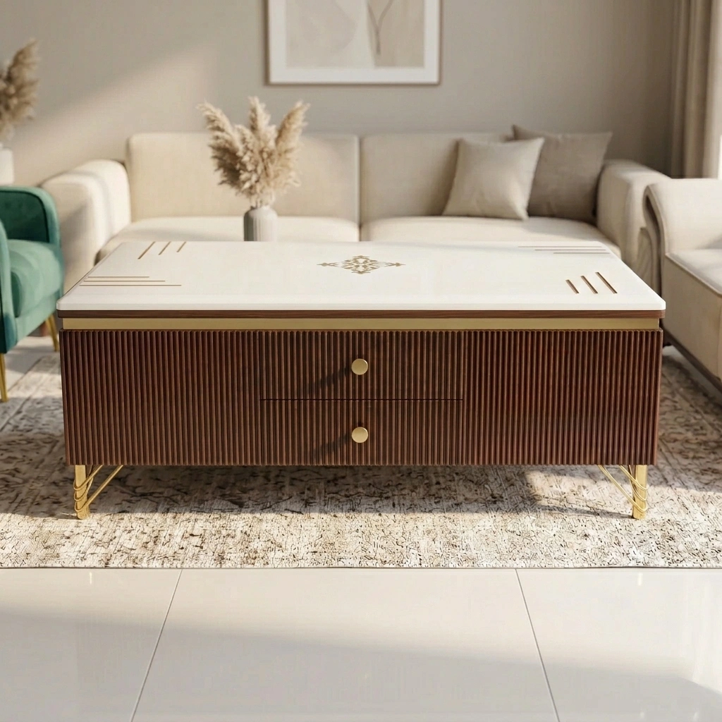 Rectangular Marble Walnut Fluted Storage Centre Table
