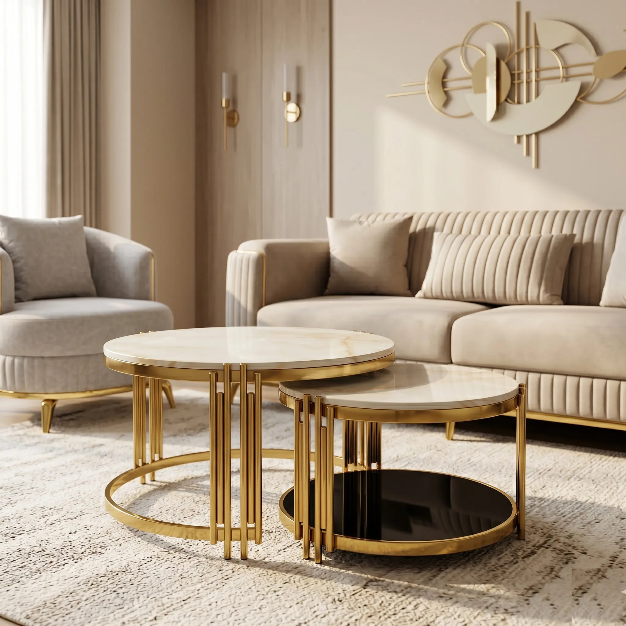 Modern Nested Marble Round Gold Slatted Base Centre Tables