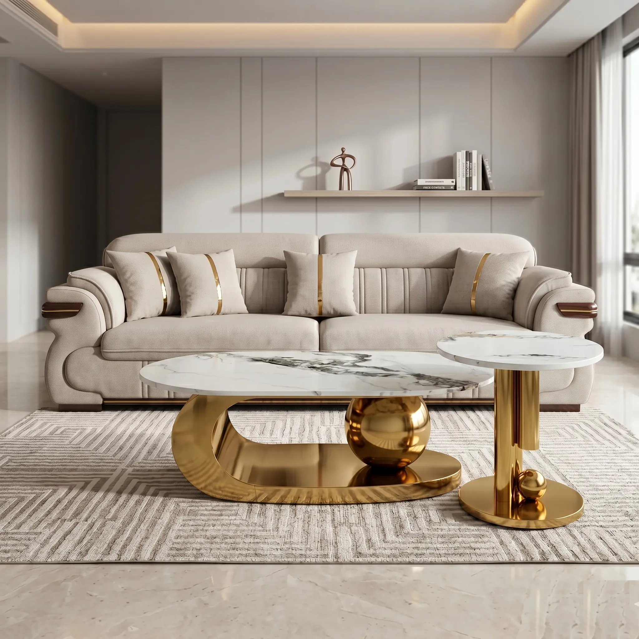 Oval Marble Gold Sculptural Base Centre Table