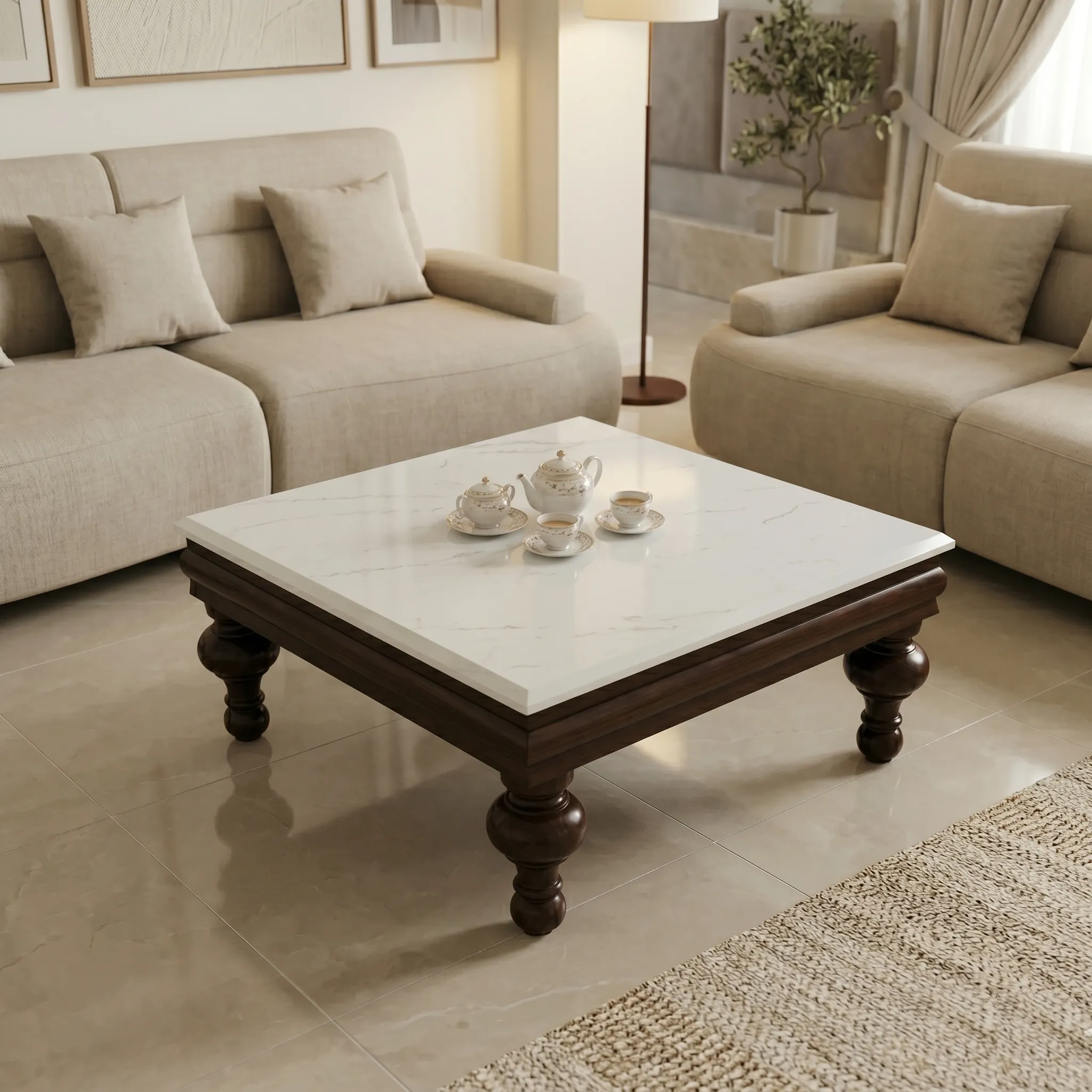 Heavy Wooden Teak Wood Centre Table Marble Top